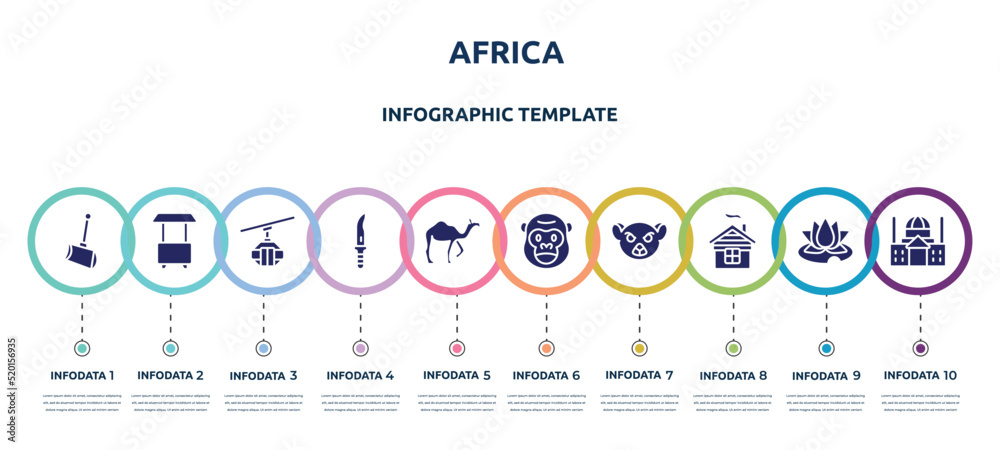 Wall mural africa concept infographic design template. included shovel, food cart, cable car cabin, dagger, camel, gorilla, lemur, chimney, basilica icons and 10 option or steps.