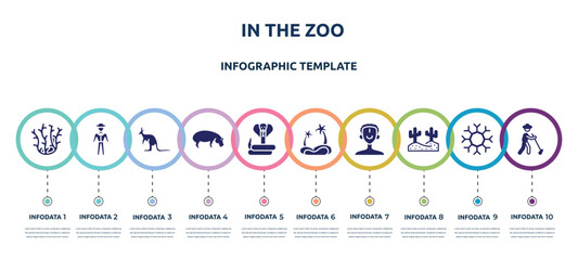 in the zoo concept infographic design template. included coral, trainer, kangaroo, hippo, cobra, oasis, african man, desert, gardener icons and 10 option or steps.