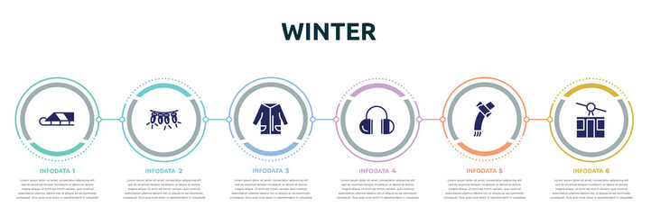 winter concept infographic design template. included sledge, lights, winter clothes, earmuffs, winter scarf, ski lift icons and 6 option or steps.