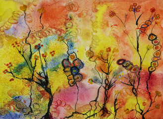 Obraz na płótnie Canvas Abstract curly bushes. The dabbing technique near the edges gives a soft focus effect due to the altered surface roughness of the paper.