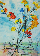 One tree with colorful flowers in desolate landscape.