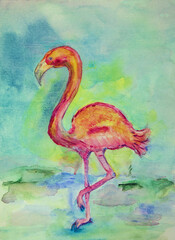 Pink flamingo. The dabbing technique near the edges gives a soft focus effect due to the altered surface roughness of the paper.