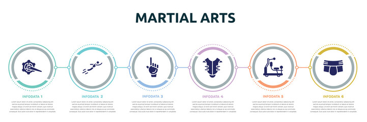 martial arts concept infographic design template. included crank arm, free flying, foam hand, chest protection, gym station, jockstrap icons and 6 option or steps.