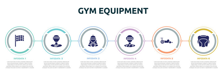 gym equipment concept infographic design template. included black flagged, judoka, horsewoman, skydiver, kart racing, headgear icons and 6 option or steps.