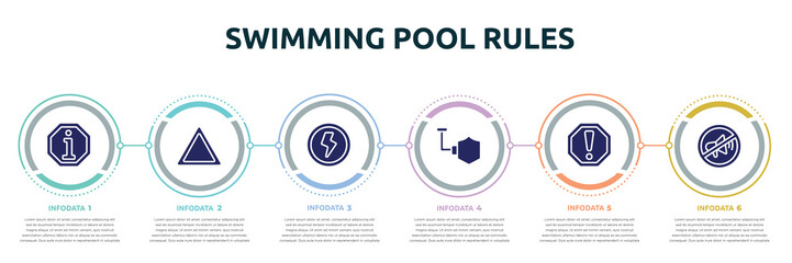 swimming pool rules concept infographic design template. included information, any bleach, shock, shield, caution, no shouting allowed icons and 6 option or steps.