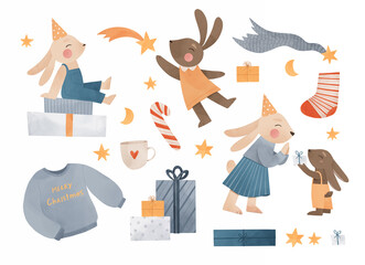 Watercolor illustrations with cute bunny characters. Design elements: Sweater, gifts, stars and magic. Children Happy birthday. Merry Christmas. Rabbit year. Perfect for fabric, print, home decor