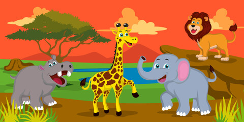 Obraz na płótnie Canvas lion, elephant, giraffe, hippo with african scenery background