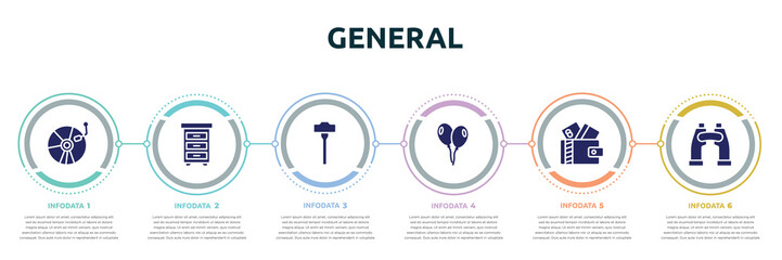 general concept infographic design template. included cd record, office cabinet, sledgehammer, floating balloons, card wallet, binocular icons and 6 option or steps. - obrazy, fototapety, plakaty