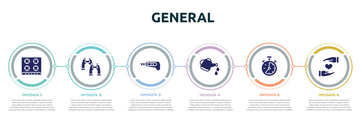 general concept infographic design template. included hob, pair of binoculars, stationery knife, watering can with water drops, analog stopwatch, heart between hands icons and 6 option or steps.