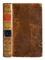 Antique book with leather-bound cover on a white background.