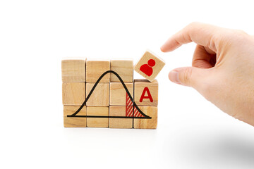 a hand pick wooden cube box with man icon who got A from normal distribution or bell curve of...