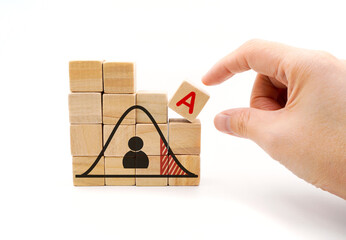 a hand pick wooden cube box with man icon who got A from normal distribution or bell curve of...