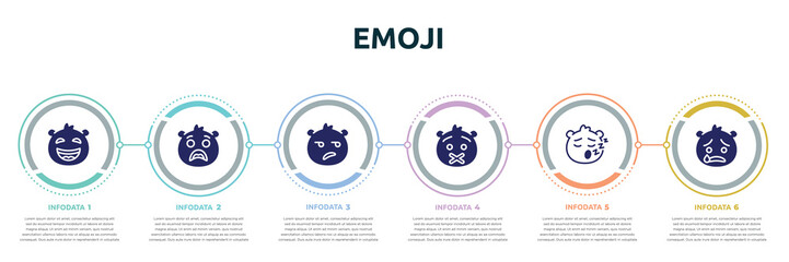 emoji concept infographic design template. included laughing emoji, surprise emoji, disappointed muted sleep cry icons and 6 option or steps. - obrazy, fototapety, plakaty