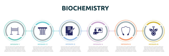 biochemistry concept infographic design template. included finish, basketball gear, homework, driving lessons, jump rope, chlorophyll icons and 6 option or steps.