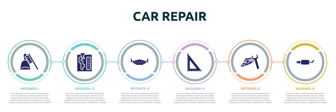 Car Repair Concept Infographic Design Template. Included Dustpan And Brush, Automatic Transmission, Brake Pad, , Headlight, Exhaust Pipe Icons And 6 Option Or Steps.