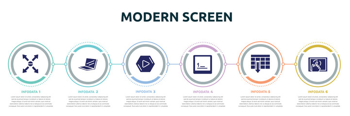 modern screen concept infographic design template. included responsive, laptop in perspective, media play, keyboard key 1, spreadsheet ascending order, cellphone in a hand icons and 6 option or