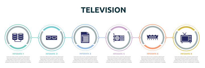 television concept infographic design template. included database storage, hdmi port, spreadsheet, gpu, rom, broadcasting icons and 6 option or steps.