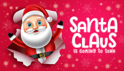Santa claus christmas character vector design. Santa claus is coming to town text with santa character in cute facial expression for xmas holiday season celebration. Vector illustration.
