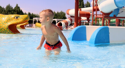 A boy is cheerful playing in the pool at the water park in the summer on a sunny day selective focus.