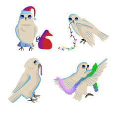 Christmas owls, set of birds