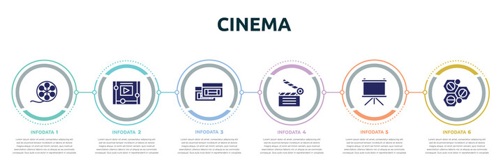 cinema concept infographic design template. included film roll side view, watching a video on a tablet, inc, movie clapper, fabric for movies, solid icons and 6 option or steps.