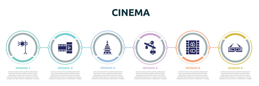 cinema concept infographic design template. included movie light, film strip black, mole antonelliana in turin, jimmy jib, image fotogram, 3d paper glasses icons and 6 option or steps.