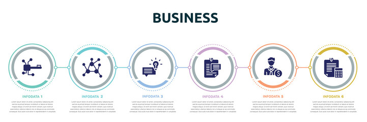 business concept infographic design template. included digital key, decentralized, suggestion, enquiry, banker, estimate icons and 6 option or steps.