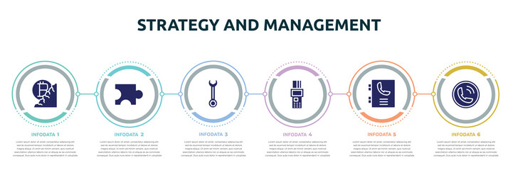 strategy and management concept infographic design template. included bitcoin mine, puzzle piece, wrenches, point of service, phonebook, calling icons and 6 option or steps.