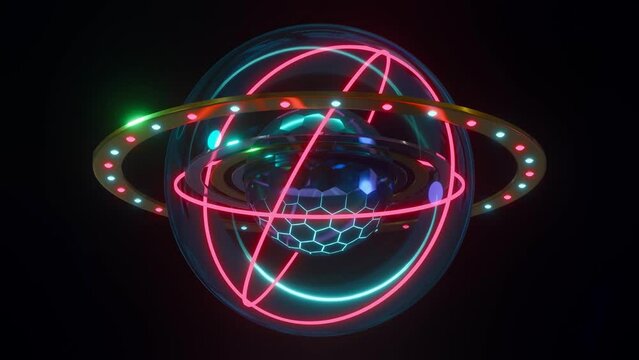 Abstract 3D render futuristic sci-fi construction of shiny sphere lights rings and other objects rotating transforming. Great for scientific, technological, industrial, futuristic, luxury, sci-fi illu