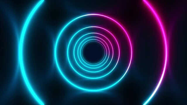 Abstract sci-fi animation of neon streaks, glowing light tubes, lasers and lines moving forward in dark tunnel