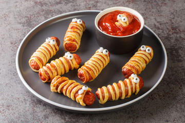 Funny sausage mummies in dough with ketchup for the Halloween party. Children's food closeup in the...