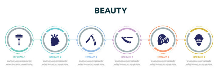 beauty concept infographic design template. included disposable razor, acupuncture, open razor, shave blade, women hairstyling, bold man with moustache icons and 6 option or steps.