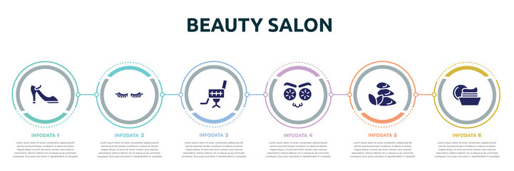 beauty salon concept infographic design template. included high heel shoe, two eyelashes, beauty salon chair, cucumber slices on face, three stones, facial cream icons and 6 option or steps.