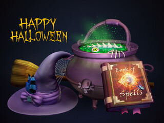 Witch's hat and magic broom, a bubbling cauldron with a poisonous potion inside and a book of spells, all isolated on dark background. Happy Halloween banner. 3D illustration