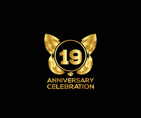 19th anniversary celebration day with gold color Light bright modern logo Design element