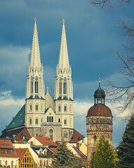 Fototapeta na wymiar church towers on a sunny morning - Peterskirche, panorama of Goerlitz (Görlitz-Germany).