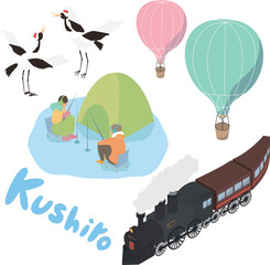 北海道の釧路観光のアイソメイラストのセット