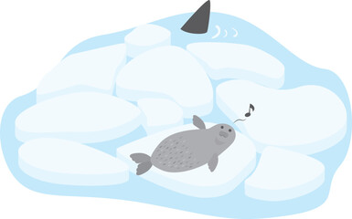 可愛いアザラシの後ろに接近する危険生物のアイソメイラスト © ribitts