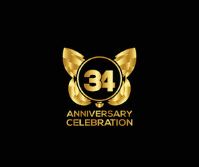 34th anniversary celebration day with gold color Light bright modern logo Design element