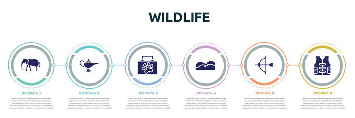 wildlife concept infographic design template. included elephants, magic lamp, animal aid, dunes, archery, vest icons and 6 option or steps.