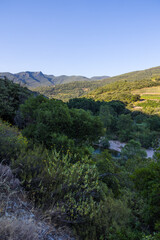 Fototapeta na wymiar Montagnes et vignobles autour de l'Orb au Hameau de Ceps à Roquebrun, dans le Parc naturel régional du Haut-Languedoc