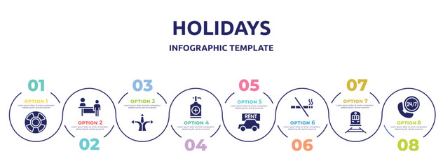 holidays concept infographic design template. included life bouy, persons in an airport, directions arrows, sanitizer, rent a car, smoking prohibition, streetcar, hotel phone icons and 8 option or