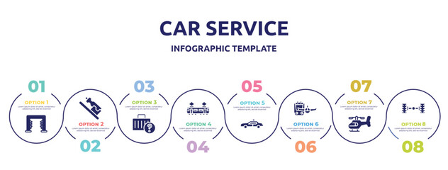 car service concept infographic design template. included carwash hine, hydration, lost and found, tram side view, police car side view, miscellaneous, helicopter side view, axle icons and 8 option