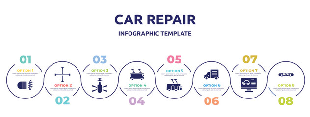 car repair concept infographic design template. included fog lamp, cross wrench, helicopter bottom view, tramway, trolleybus, mini truck, computer test, damper icons and 8 option or steps.