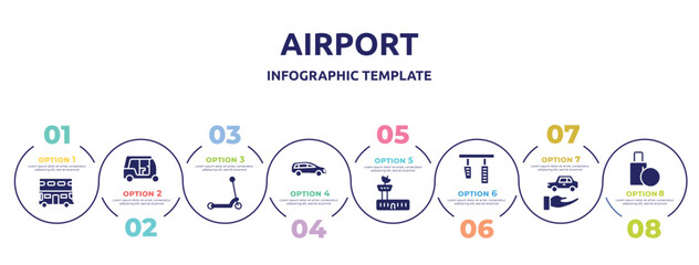airport concept infographic design template. included double decker, tuc tuc, kick, station wagon, air traffic controller, brake pedal, rental car, final call icons and 8 option or steps.