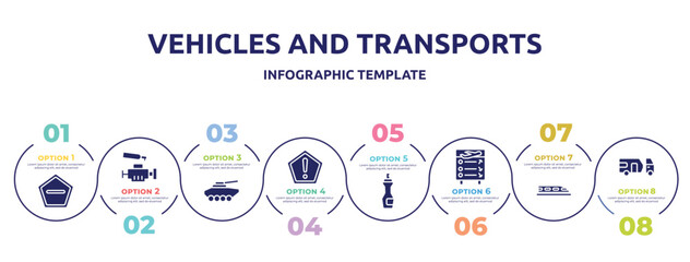 vehicles and transports concept infographic design template. included do not enter, car engine, armored vehicle, precaution, insect repellent, flight information, hyperloop, touristic icons and 8