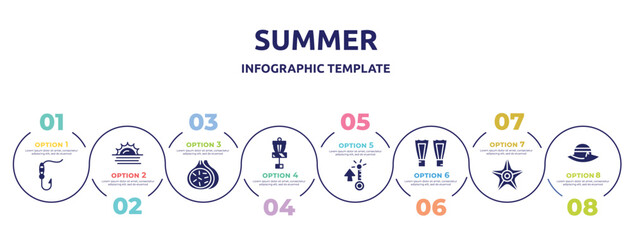 summer concept infographic design template. included fish and hook, sun at sea, fig, disc golf, summer temperature, fins, sea star, pamela hat icons and 8 option or steps.