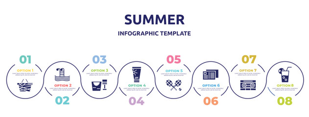 summer concept infographic design template. included pinic basket, swimming pool, sand bucket and shovel, sunscreen, rackets, postcard, caste, lime juice icons and 8 option or steps.