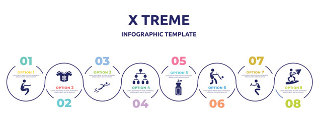 x treme concept infographic design template. included squat, protections, free flying, playoff, sport bottle, batter, catcher, wakeboarding icons and 8 option or steps.