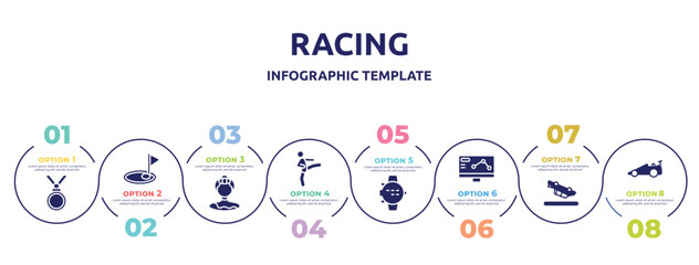 racing concept infographic design template. included nobel prize, birdie, gymnast, kicking, dive computer, telemetry, blowover, drag racing icons and 8 option or steps.